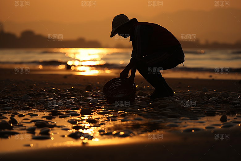 海边赶海海滩海货摄影图