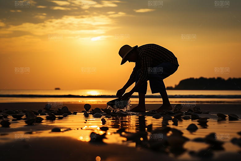 海边赶海渔获黎明摄影图