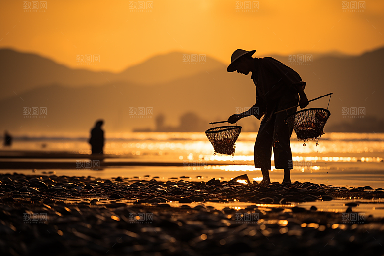 海边赶海夕阳落潮摄影图