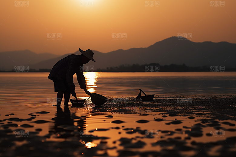 海边赶海余晖潮汐摄影图