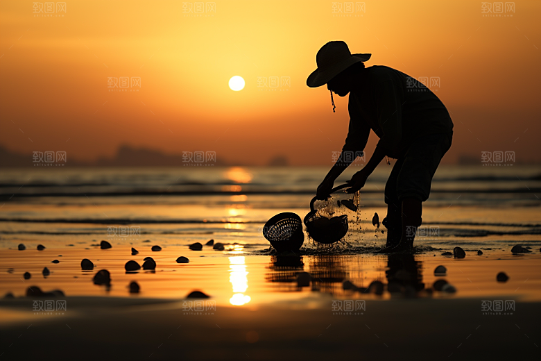 海边赶海夕阳潮汐摄影图