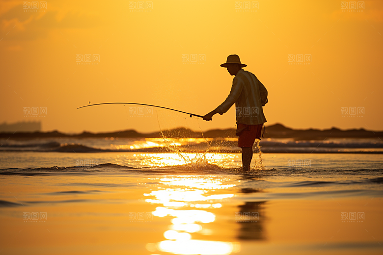 海边赶海夕阳渔获摄影图