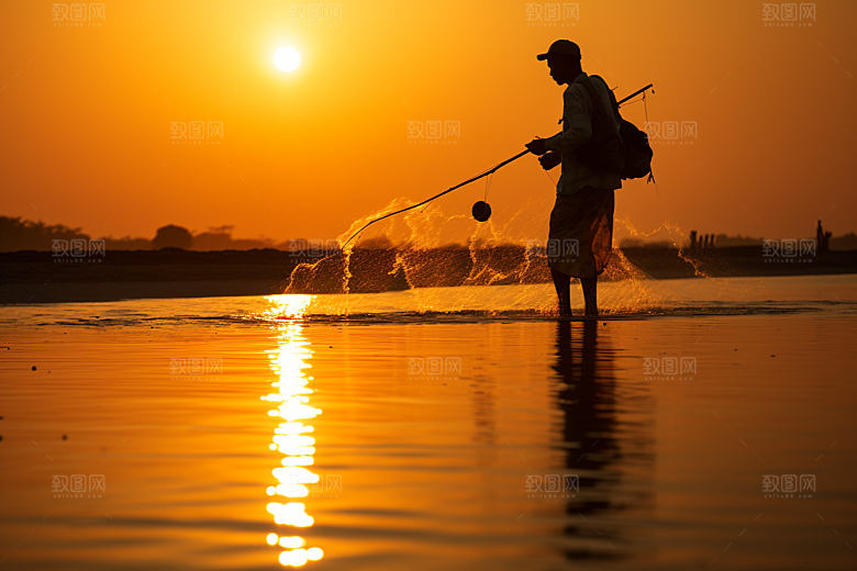 海边赶海夕阳礁石摄影图