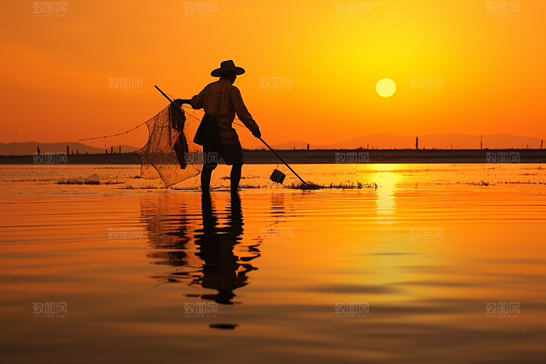 海边赶海落日礁石摄影图