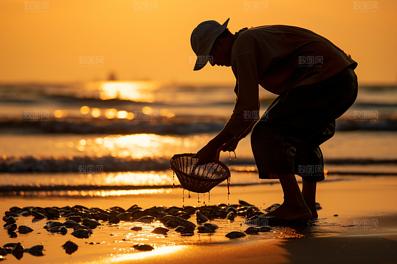 海边赶海潮汐余晖摄影图