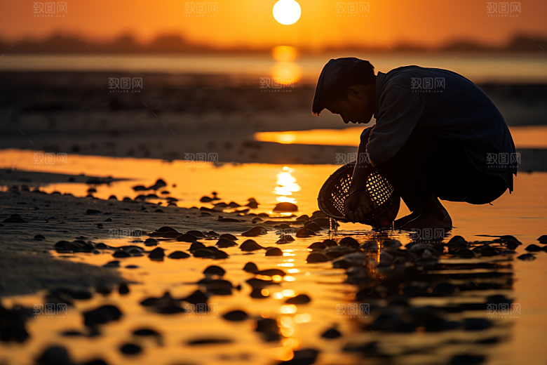 海边赶海余晖捕捞摄影图