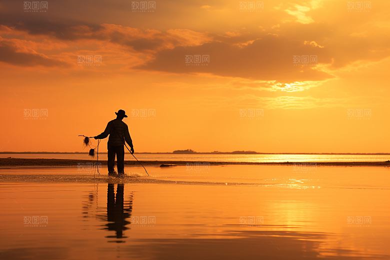 海边赶海滩涂捕捞摄影图