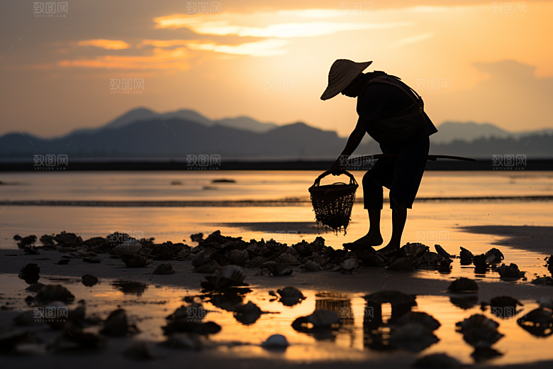 海边赶海余晖落潮摄影图