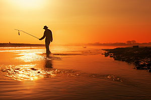 海边赶海潮汐夕阳摄影图