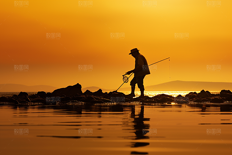 海边赶海海货夕阳摄影图