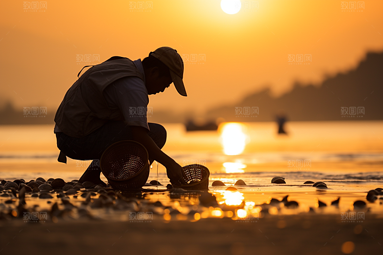 海边赶海落日渔获摄影图