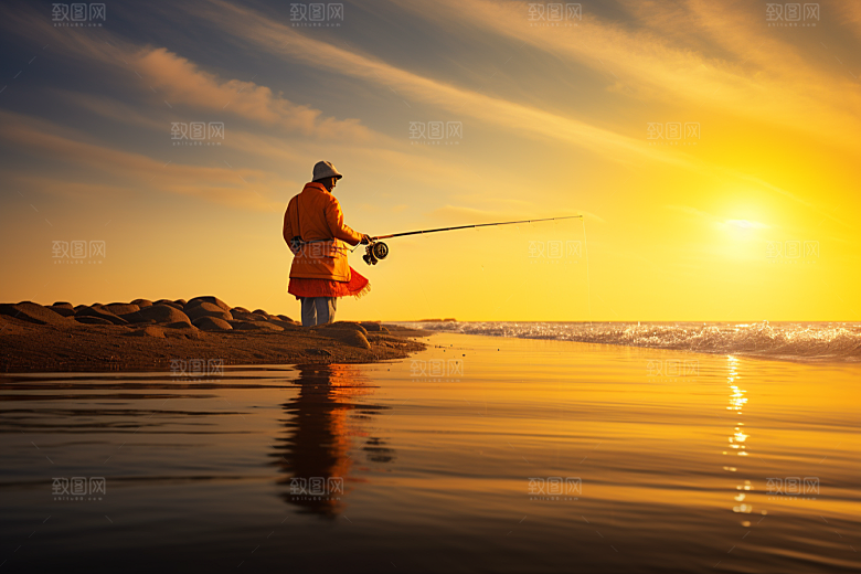 海边赶海黎明落日摄影图