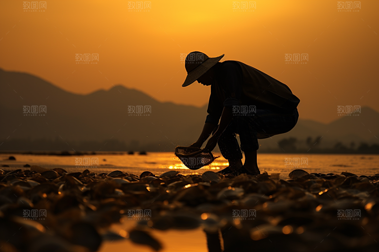 海边赶海清晨滩涂摄影图