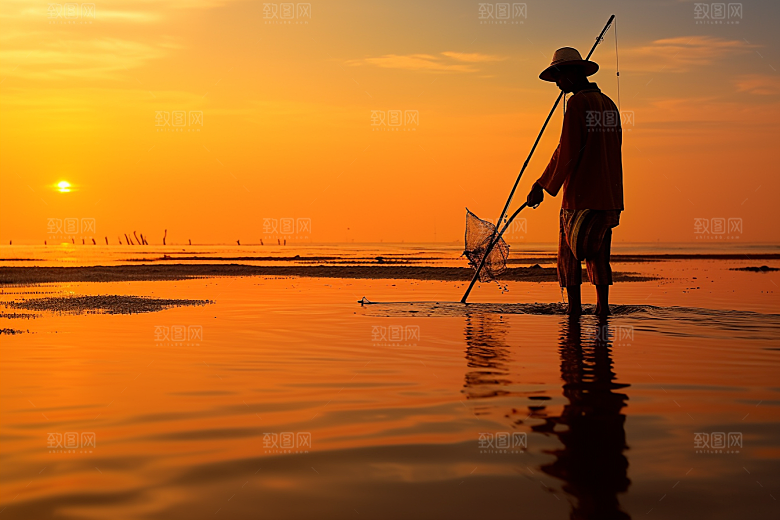 海边赶海海滩渔获摄影图