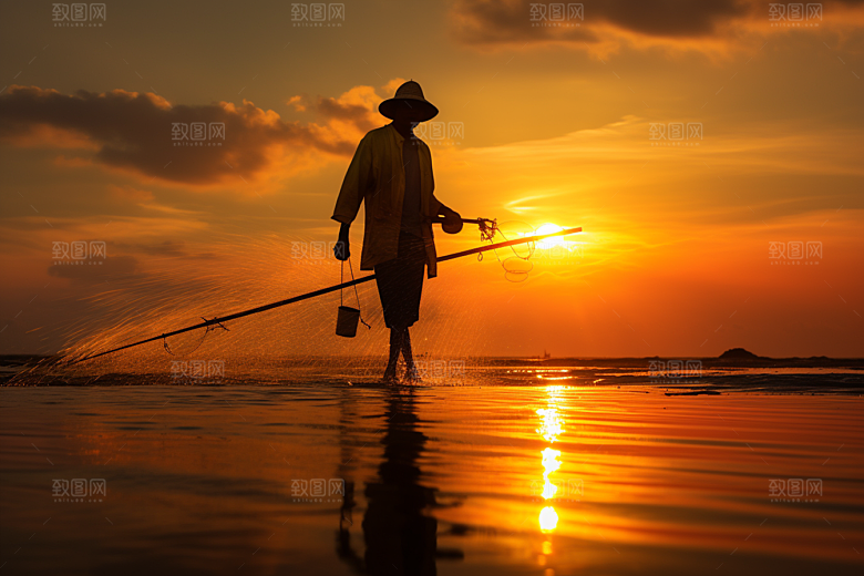 海边赶海海货余晖摄影图