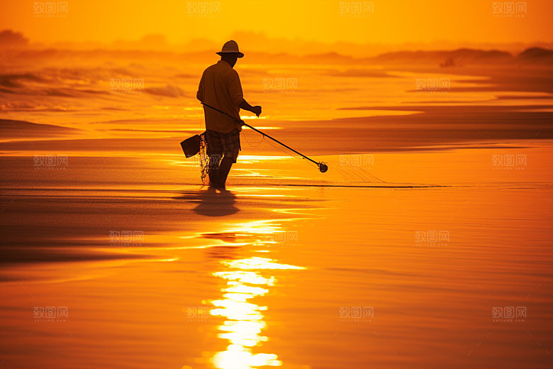 海边赶海黎明夕阳摄影图