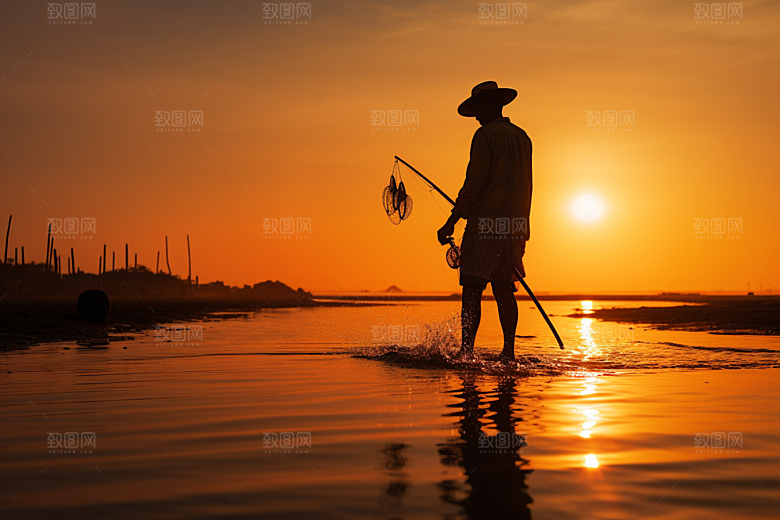 海边赶海落日滩涂摄影图