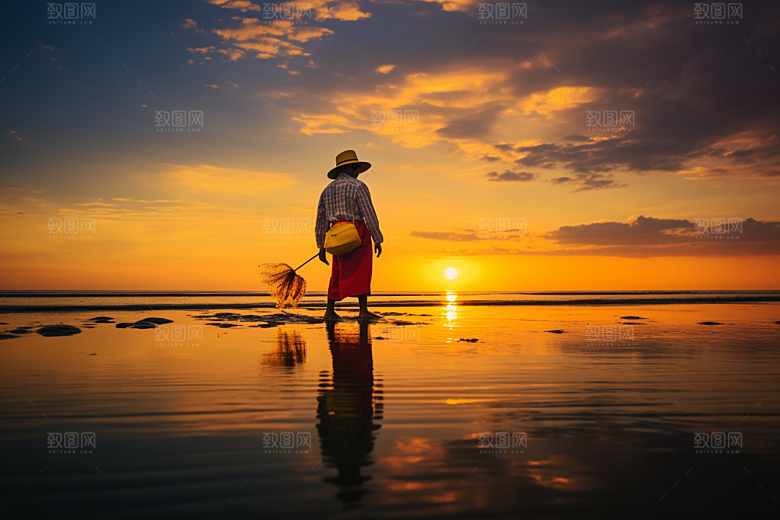 海边赶海落日潮汐摄影图