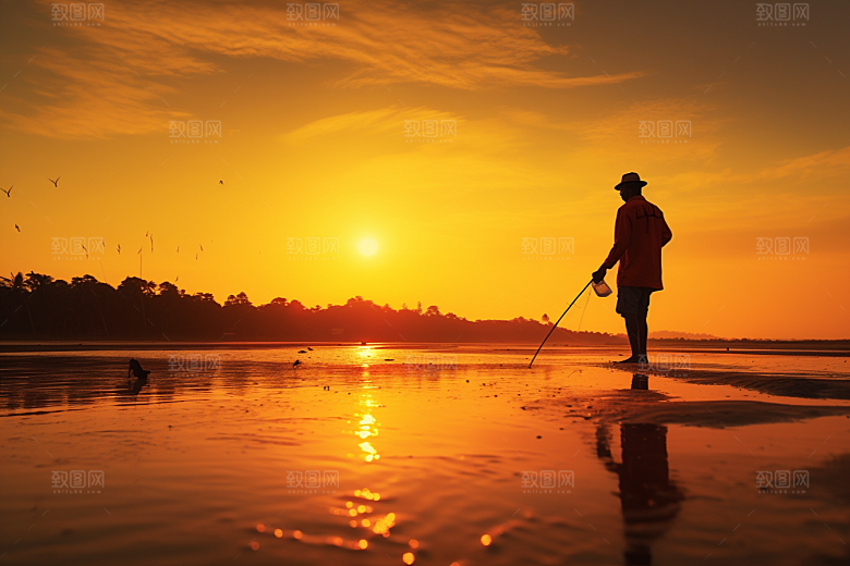 海边赶海夕阳清晨摄影图