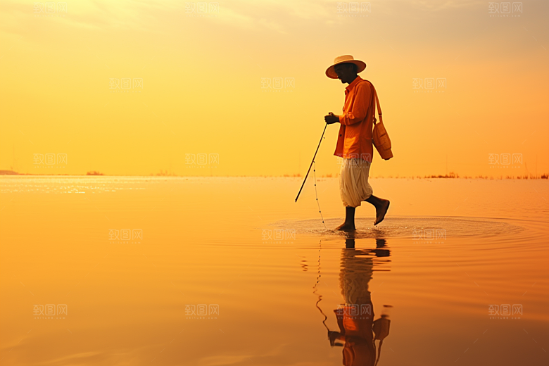 海边赶海黎明落日摄影图