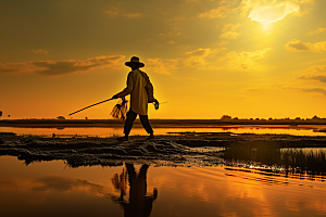 海边赶海清晨夕阳摄影图