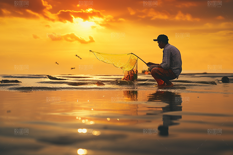 海边赶海余晖渔获摄影图