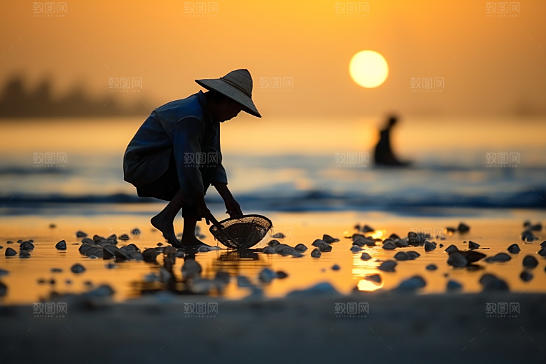海边赶海海货夕阳摄影图