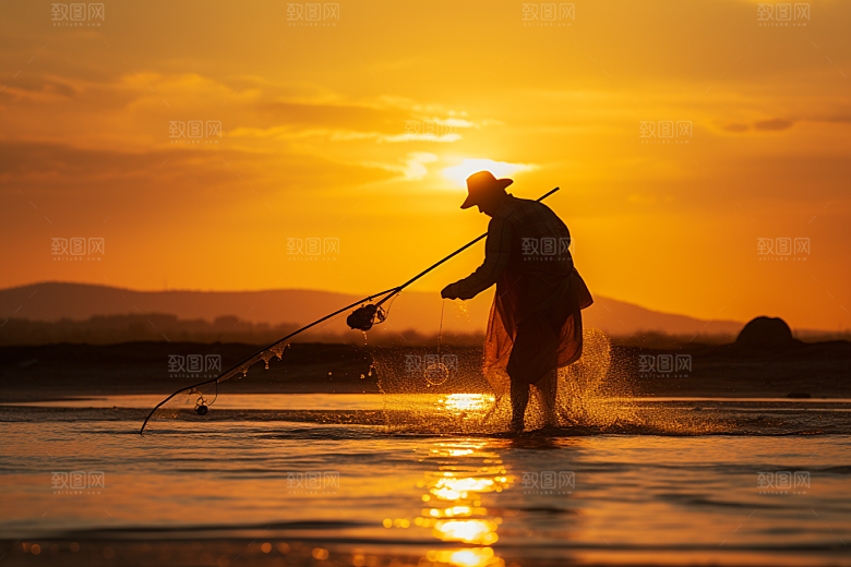 海边赶海潮汐夕阳摄影图