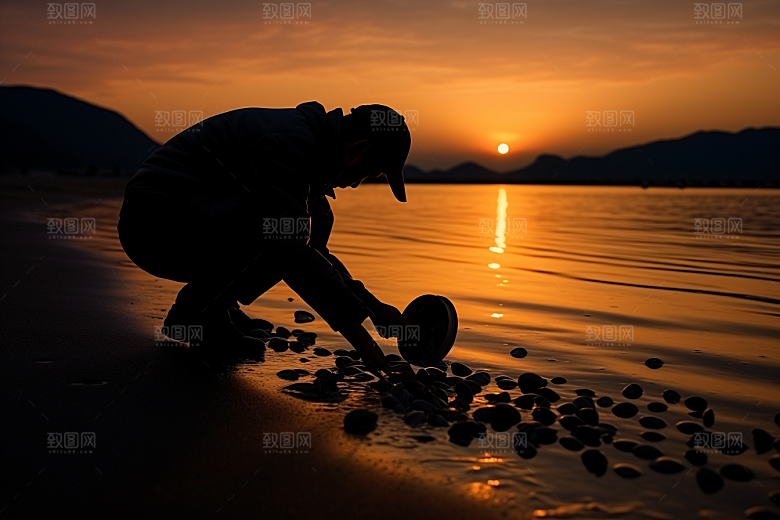 海边赶海余晖清晨摄影图