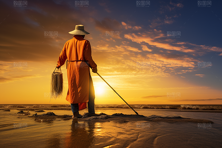 海边赶海捕捞清晨摄影图