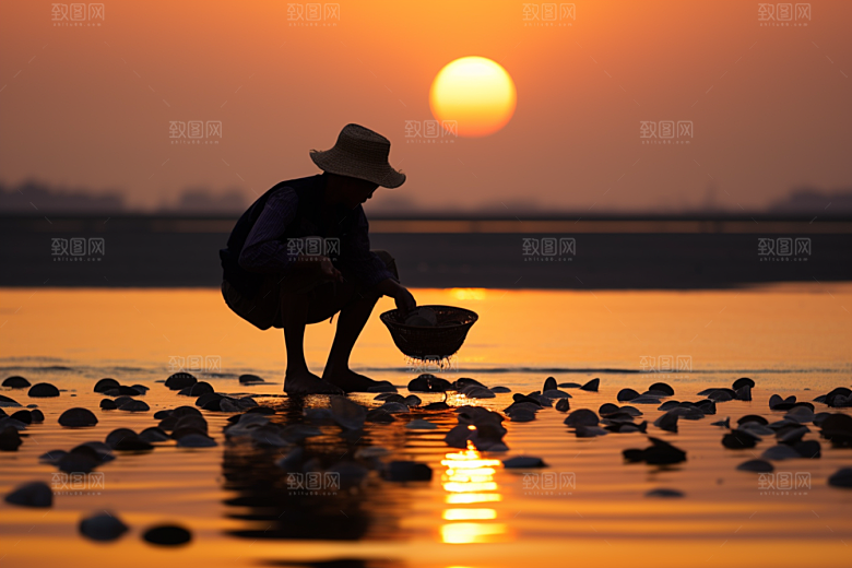 海边赶海捕捞滩涂摄影图