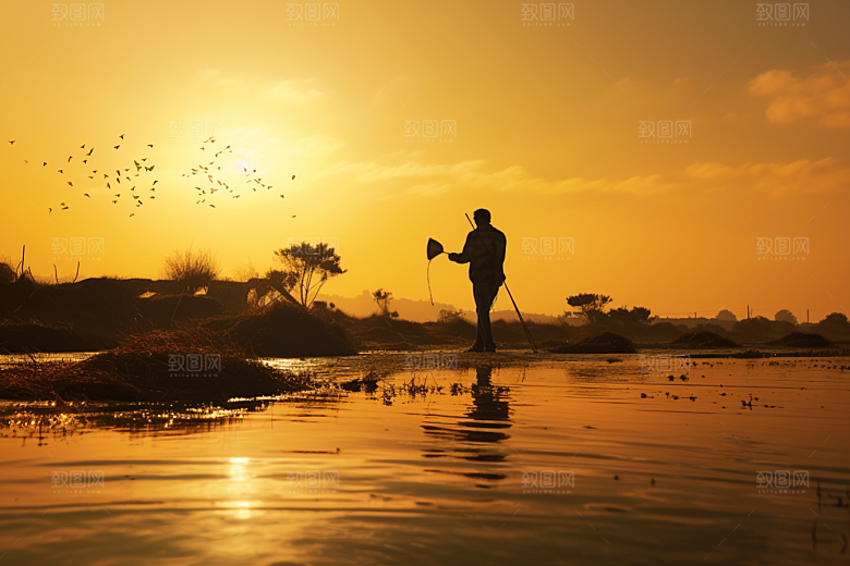 海边赶海捕捞礁石摄影图