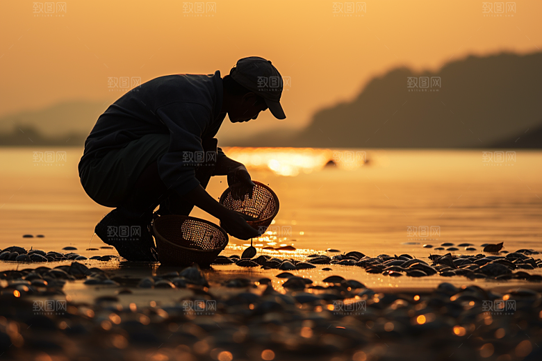 海边赶海余晖潮汐摄影图