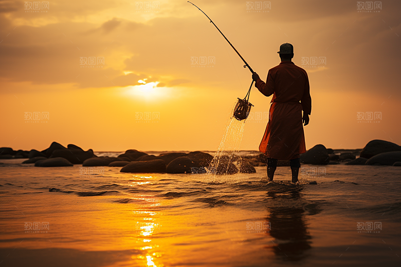 海边赶海落日清晨摄影图