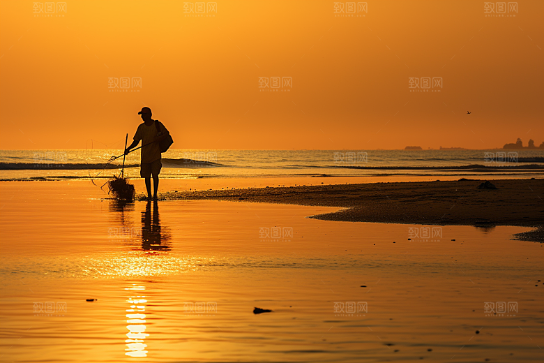 海边赶海黎明落潮摄影图