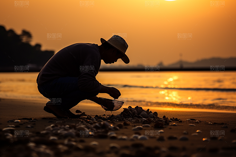 海边赶海落潮清晨摄影图
