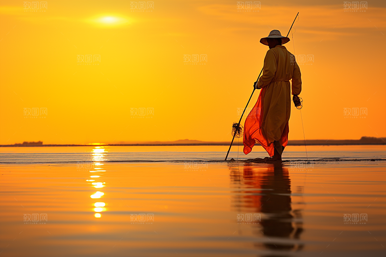 海边赶海夕阳海滩摄影图
