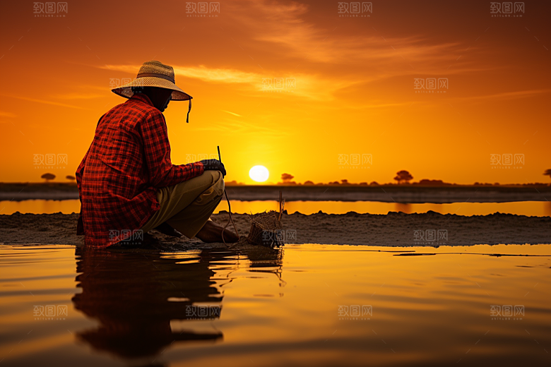 海边赶海落日渔获摄影图