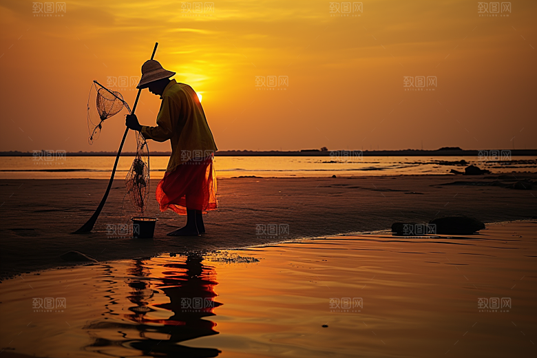 海边赶海滩涂黎明摄影图
