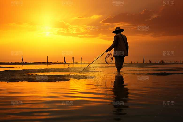 海边赶海余晖落潮摄影图