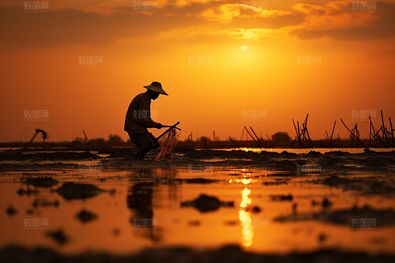 海边赶海高清夕阳摄影图