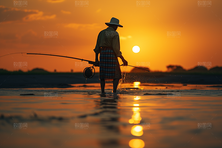 海边赶海清晨余晖摄影图