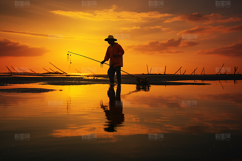 海边赶海夕阳潮汐摄影图