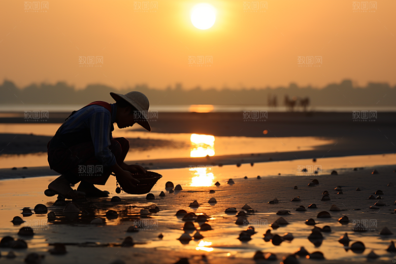海边赶海捕捞海滩摄影图