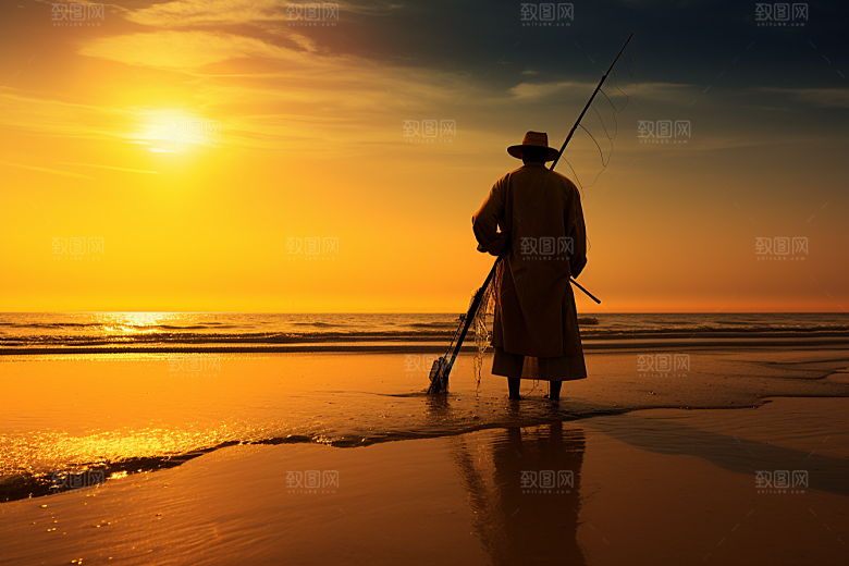 海边赶海夕阳落日摄影图