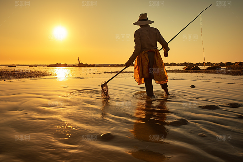 海边赶海落日清晨摄影图