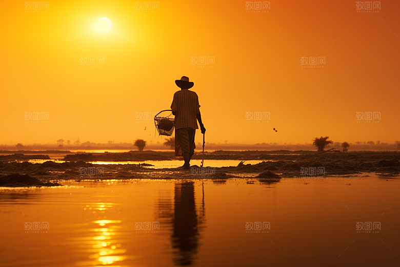 海边赶海夕阳海货摄影图