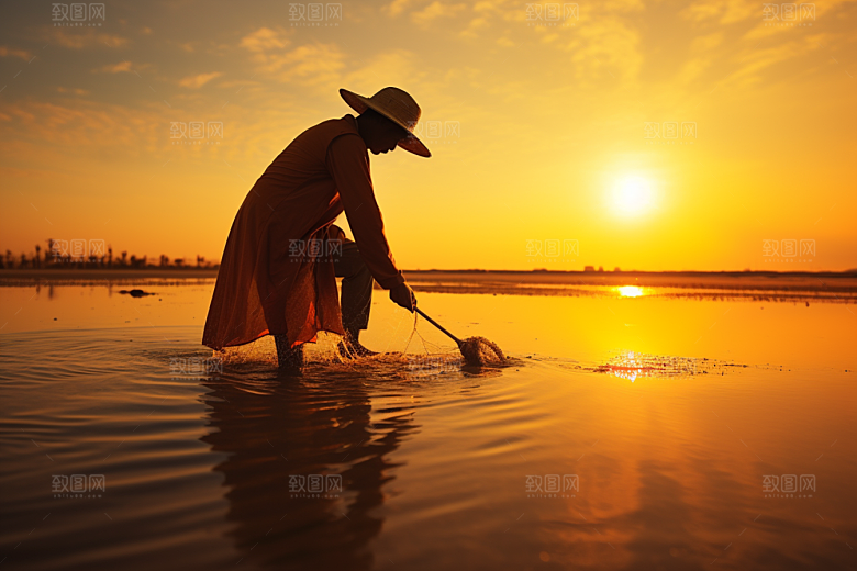 海边赶海落日海货摄影图