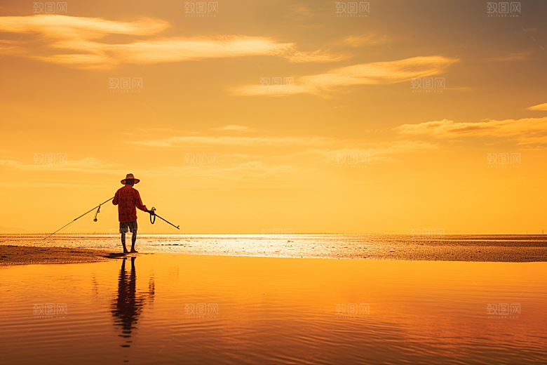 海边赶海黎明余晖摄影图