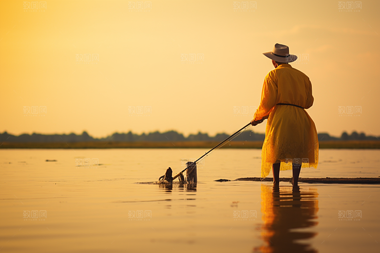 海边赶海海滩落日摄影图